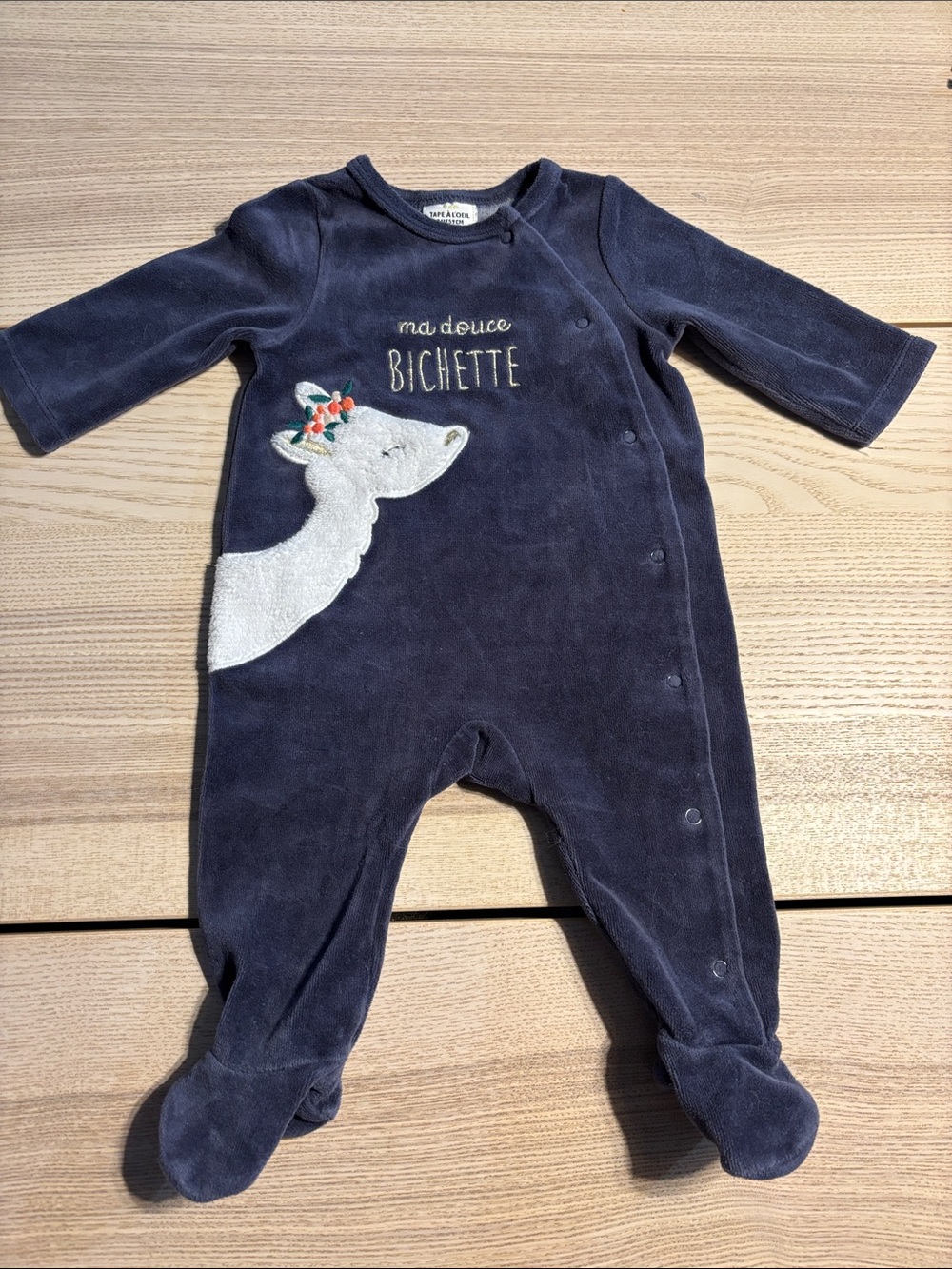 Navy Velour Baby Footed One-Piece with Deer Applique - ma douce Bichette